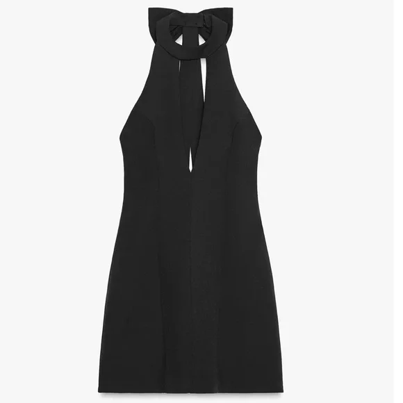 Zara NWT open bow back choker collar feel v neck black luxe thick mini dress - Picture 8 of 11